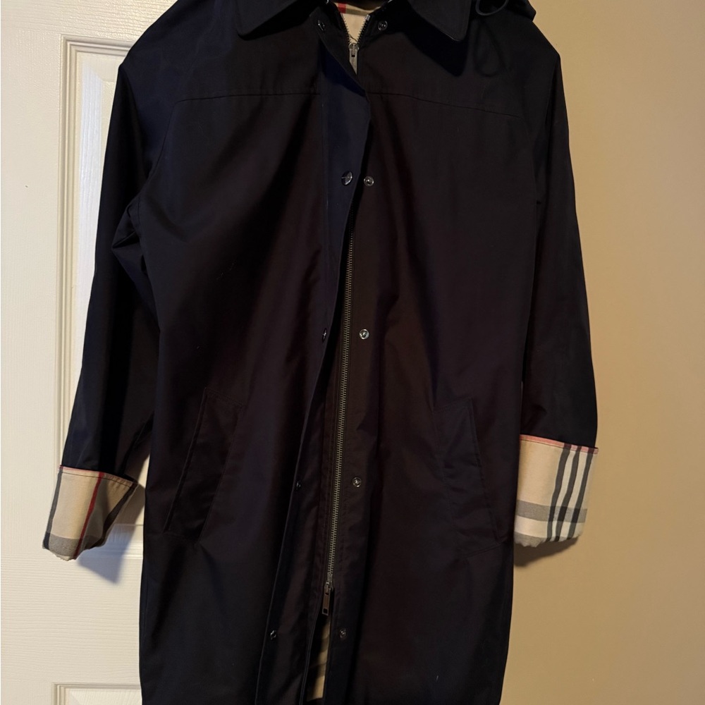Burberry Navy Trench Coat with Plaid Cuffs